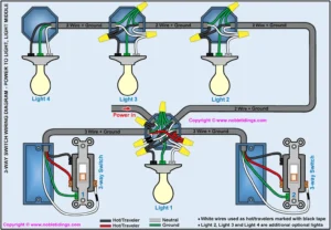 3 way switch wiring, power at light, light middle diagram